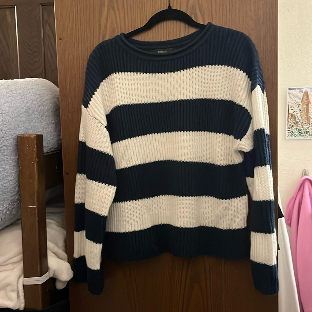 Navy and white striped knit sweater